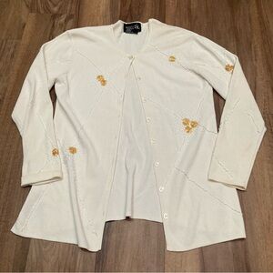 Vtg 90s Cream Button-Up Cardigan with Gold Floral Beading Fairy Cottagecore